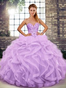 Tulle Sleeveless Floor Length Ball Gown Prom Dress and Beading and Ruffles