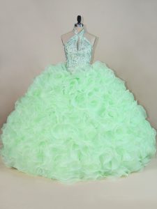 Captivating Apple Green Ball Gowns Halter Top Sleeveless Fabric With Rolling Flowers Lace Up Beading and Ruffles Quinceanera Dresses