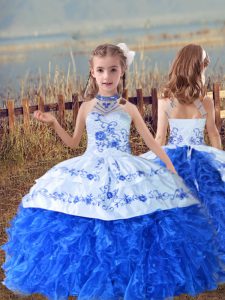 Low Price Blue And White Sleeveless Beading and Embroidery and Ruffles Floor Length Child Pageant Dress