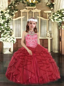 Best Red Halter Top Lace Up Beading and Ruffles Little Girls Pageant Dress Wholesale Sleeveless