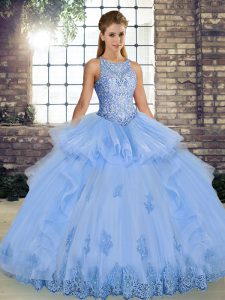 Lavender Ball Gowns Lace and Embroidery and Ruffles 15 Quinceanera Dress Lace Up Tulle Sleeveless Floor Length