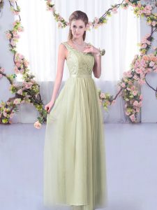 Sophisticated V-neck Sleeveless Dama Dress for Quinceanera Floor Length Lace and Belt Yellow Green Tulle