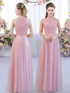 High End Pink Zipper Dama Dress for Quinceanera Lace Sleeveless Floor Length