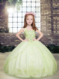 Beading Little Girls Pageant Dress Yellow Green Lace Up Sleeveless Floor Length