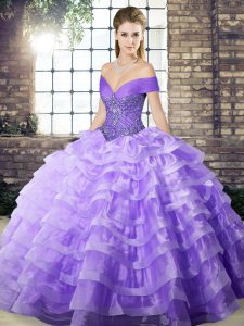 Pretty Lavender Ball Gowns Beading and Ruffled Layers 15 Quinceanera Dress Lace Up Organza Sleeveless