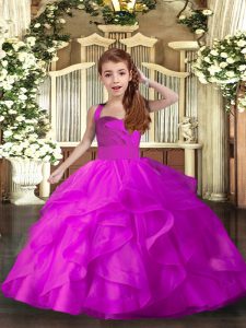 Hot Sale Floor Length Fuchsia Child Pageant Dress Straps Sleeveless Lace Up
