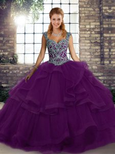 Floor Length Purple 15 Quinceanera Dress Straps Sleeveless Lace Up