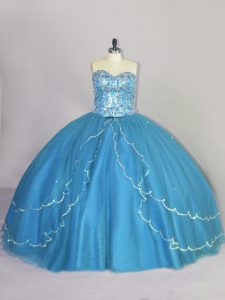 Blue Ball Gowns Tulle Sweetheart Sleeveless Beading Lace Up 15th Birthday Dress Brush Train