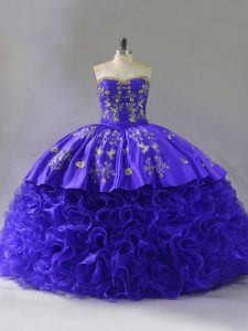 High Quality Purple Lace Up Quinceanera Gown Embroidery and Ruffles Sleeveless Floor Length Brush Train