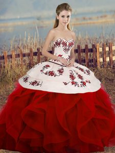 White And Red Ball Gowns Embroidery and Ruffles and Bowknot Quinceanera Gown Lace Up Tulle Sleeveless Floor Length