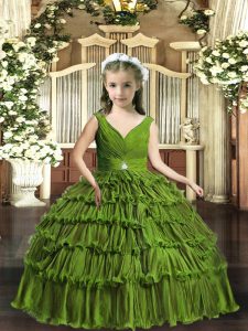 Olive Green Ball Gowns V-neck Sleeveless Floor Length Backless Beading and Ruffled Layers Pageant Gowns For Girls