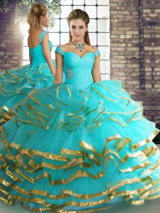 Affordable Ball Gowns Quince Ball Gowns Aqua Blue Off The Shoulder Tulle Sleeveless Floor Length Lace Up