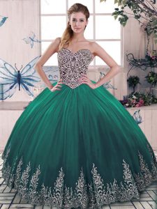 Green Tulle Lace Up Sweetheart Sleeveless Quinceanera Gown Beading and Embroidery