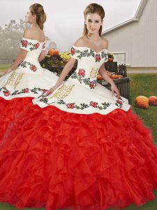 Dynamic White And Red Sleeveless Organza Lace Up Vestidos de Quinceanera for Military Ball and Sweet 16 and Quinceanera