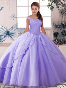 Lavender Sleeveless Brush Train Beading Sweet 16 Quinceanera Dress