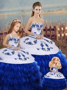 Affordable Embroidery and Ruffled Layers and Bowknot Sweet 16 Quinceanera Dress Royal Blue Lace Up Sleeveless Floor Length