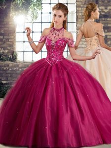 Fine Halter Top Sleeveless Brush Train Lace Up Quince Ball Gowns Fuchsia Tulle