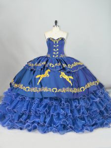 Sweetheart Sleeveless 15th Birthday Dress Brush Train Embroidery and Ruffled Layers Blue Satin and Organza