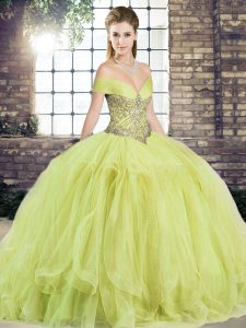 Sophisticated Yellow Green Ball Gowns Tulle Off The Shoulder Sleeveless Beading and Ruffles Floor Length Lace Up Quinceanera Gown