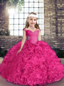 Exquisite Straps Sleeveless Fabric With Rolling Flowers Little Girls Pageant Gowns Beading Lace Up