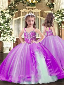 Purple Tulle Lace Up Spaghetti Straps Sleeveless Floor Length Little Girls Pageant Gowns Beading