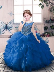 Organza Scoop Sleeveless Zipper Beading and Ruffles Kids Pageant Dress in Blue