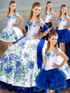 Great Floor Length Blue And White 15 Quinceanera Dress Satin and Organza Sleeveless Embroidery and Ruffles