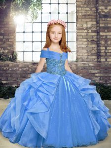 Pretty Blue Little Girl Pageant Gowns Party and Sweet 16 and Wedding Party with Beading and Ruffles Straps Sleeveless Lace Up