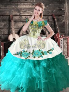 Embroidery Quinceanera Dresses Aqua Blue Lace Up Sleeveless Floor Length