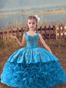 Baby Blue Sleeveless Sweep Train Embroidery Kids Pageant Dress