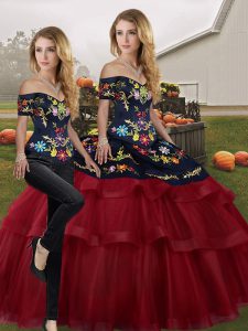 Fashion Wine Red Off The Shoulder Neckline Embroidery and Ruffled Layers Quinceanera Dresses Sleeveless Lace Up