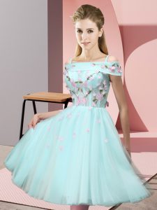 Hot Selling Knee Length Empire Short Sleeves Apple Green Court Dresses for Sweet 16 Lace Up