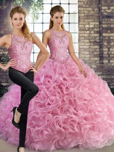 Beautiful Rose Pink Sleeveless Floor Length Beading Lace Up Quince Ball Gowns