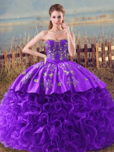 Purple Sleeveless Fabric With Rolling Flowers Brush Train Lace Up Quinceanera Gowns for Sweet 16 and Quinceanera