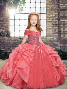 Straps Sleeveless Little Girl Pageant Dress Floor Length Beading and Ruffles Coral Red Organza