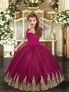 Floor Length Burgundy Little Girls Pageant Dress Wholesale Tulle Sleeveless Embroidery
