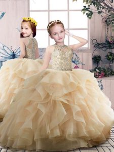 Sleeveless Organza Floor Length Zipper Girls Pageant Dresses in Champagne with Beading and Ruffles