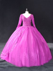 Most Popular Fuchsia V-neck Neckline Lace and Appliques Quinceanera Dress Long Sleeves Lace Up