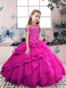 Fuchsia Ball Gowns Beading and Ruffles Kids Pageant Dress Lace Up Organza Sleeveless Floor Length