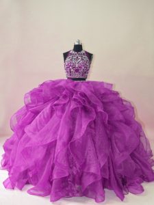 Purple Sleeveless Organza Brush Train Backless Vestidos de Quinceanera for Sweet 16 and Quinceanera