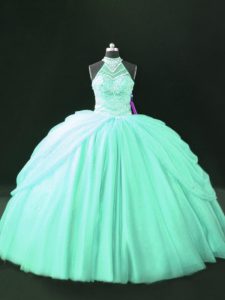 Luxurious Apple Green Tulle Lace Up Halter Top Sleeveless Floor Length Sweet 16 Quinceanera Dress Beading