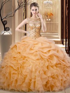 Adorable Scoop Sleeveless Vestidos de Quinceanera Floor Length Beading and Ruffles Orange Organza