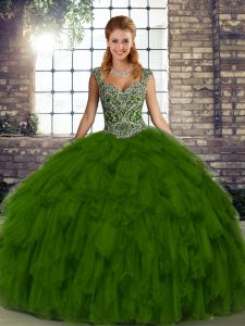 Hot Selling Olive Green Organza Lace Up Sweet 16 Quinceanera Dress Sleeveless Floor Length Beading and Ruffles