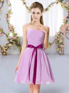 Sleeveless Chiffon Mini Length Lace Up Court Dresses for Sweet 16 in Lavender with Belt