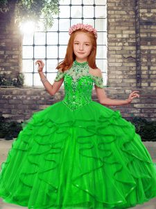 Tulle Lace Up Little Girl Pageant Gowns Sleeveless Floor Length Beading and Ruffles