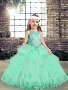 Excellent Sleeveless Tulle Floor Length Lace Up Pageant Gowns For Girls in Apple Green with Lace and Appliques