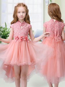 Beautiful Lace and Hand Made Flower Kids Formal Wear Peach Zipper Cap Sleeves High Low