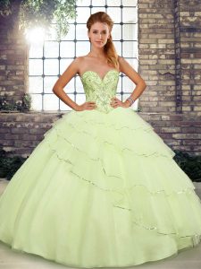 Noble Sweetheart Sleeveless Brush Train Lace Up 15 Quinceanera Dress Yellow Tulle