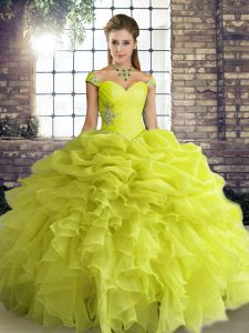 Organza Off The Shoulder Sleeveless Lace Up Beading and Ruffles and Pick Ups Sweet 16 Dress in Yellow Green