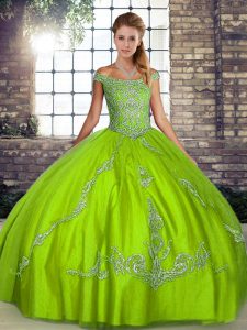 Green Tulle Lace Up Quinceanera Dresses Sleeveless Floor Length Beading and Embroidery